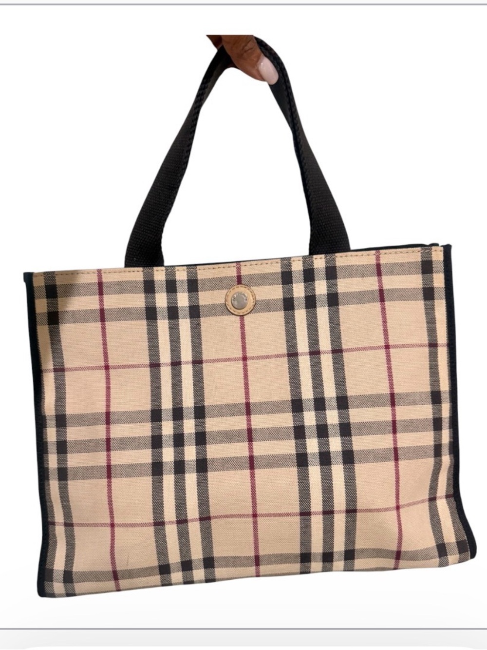 Burberry Beige Plaid Tote with Black Handles- Preowned As Is